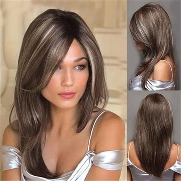 HOT BLONDE Wig with Bangs Long Straight Layered brown with blonde highlight - Picture 1 of 7